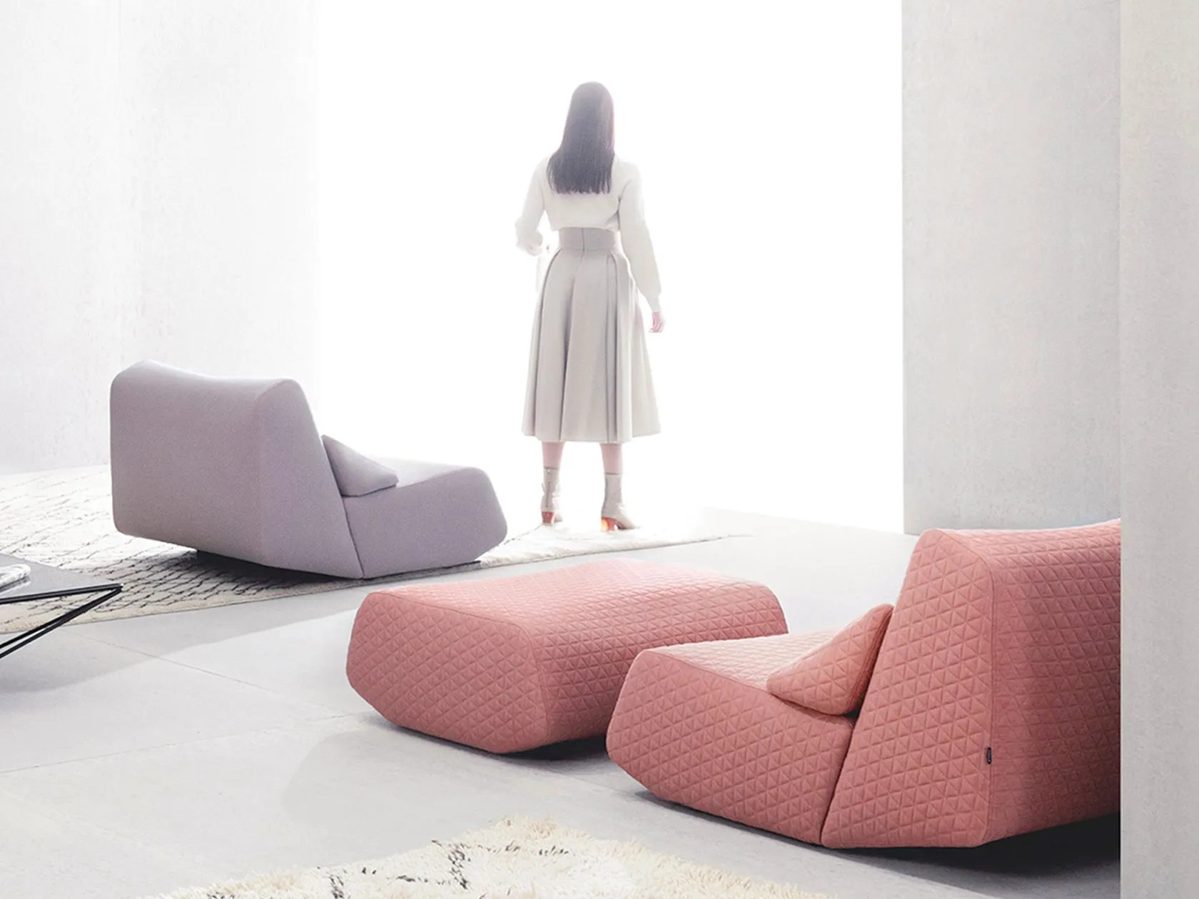 High-back fabric armchair