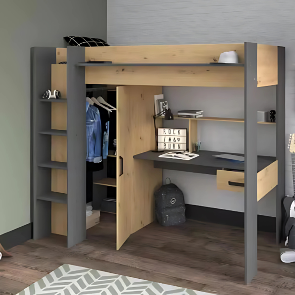 High Sleeper Bed with Desk, Wardrobe, and Shelving