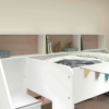 Modern White Bunk Bed with Stairs, Storage Shelves & Pull-Out Drawer – Perfect Space-Saving Solution for Kids & Teens