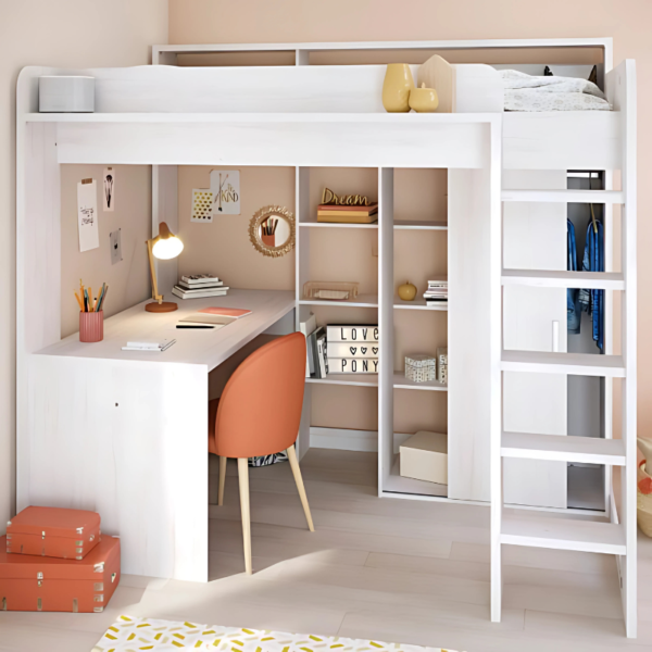 Modern High Sleeper Bed with Desk, Wardrobe, and Shelving