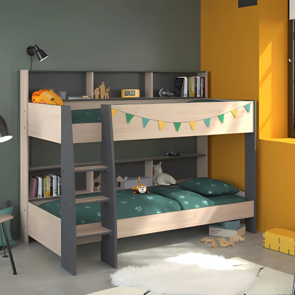 Modern Bunk Bed with Auxiliary Shelves and Built-in Ladder