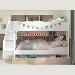 Modern White Bunk Bed with Stairs, Storage Shelves & Pull-Out Drawer – Perfect Space-Saving Solution for Kids & Teens