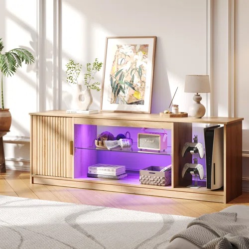LabelleBrandenburg57 ModernMediaConsolewithAdjustableshelfLEDFlutedTVStandfor65InchTVGlossyTVConsolewithCabinet - Labelle  – Model A591