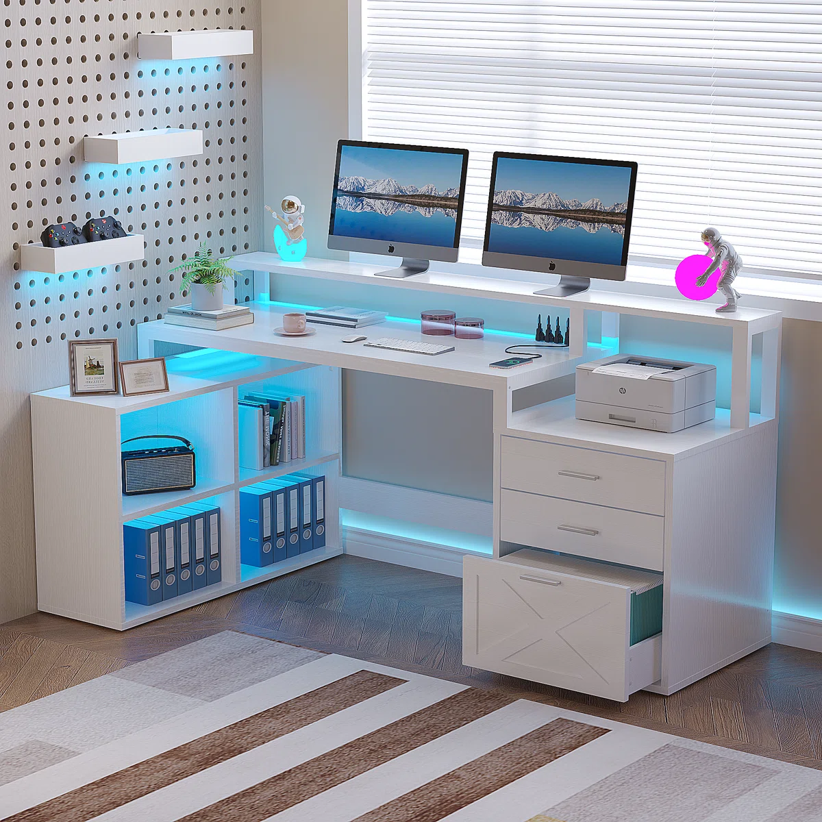 RAVLEEN Modern L-Shaped Desk with LED Lights