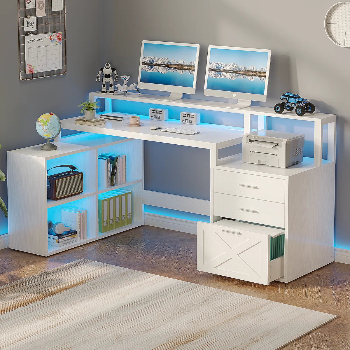 RAVLEEN Modern L-Shaped Desk with LED Lights