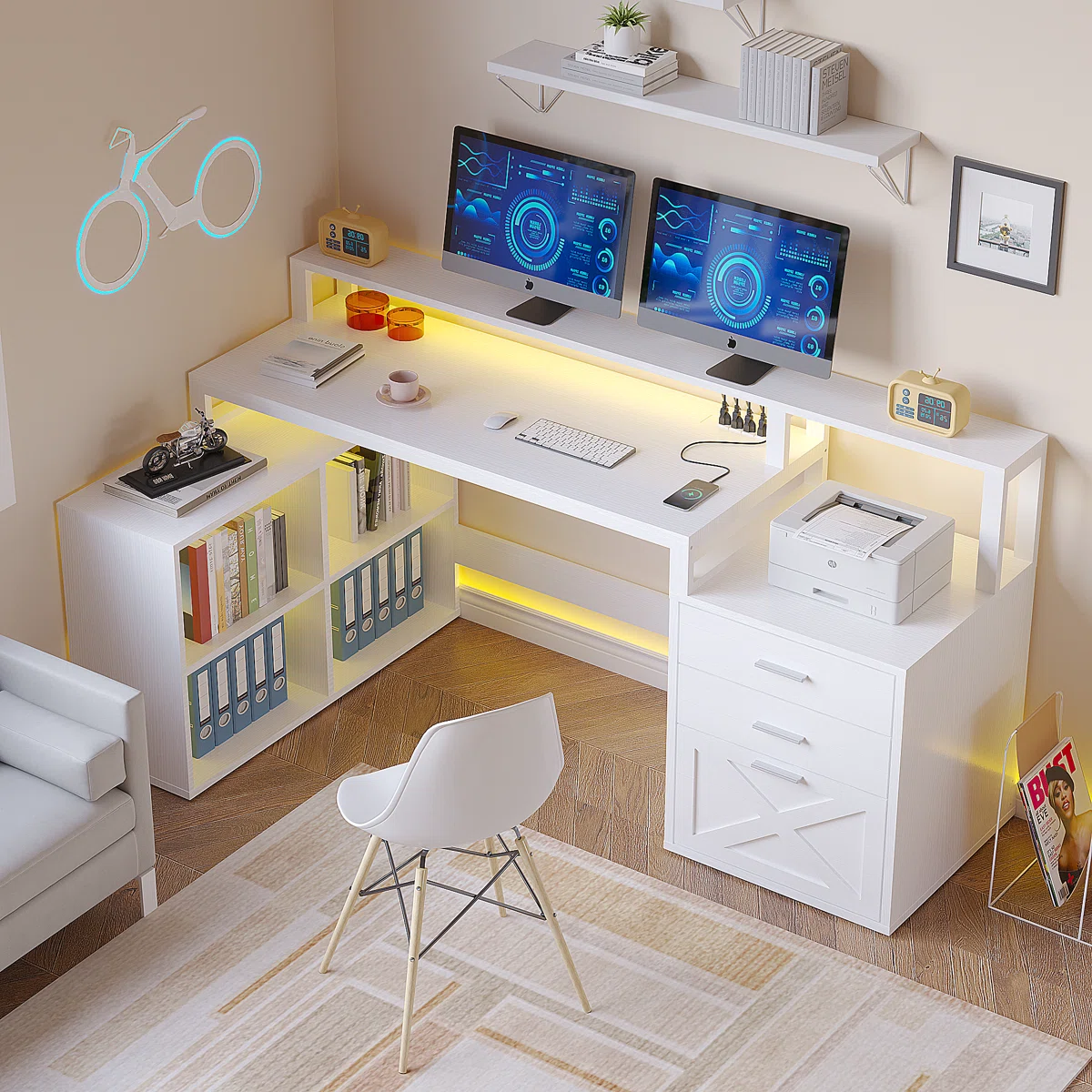 RAVLEEN Modern L-Shaped Desk with LED Lights