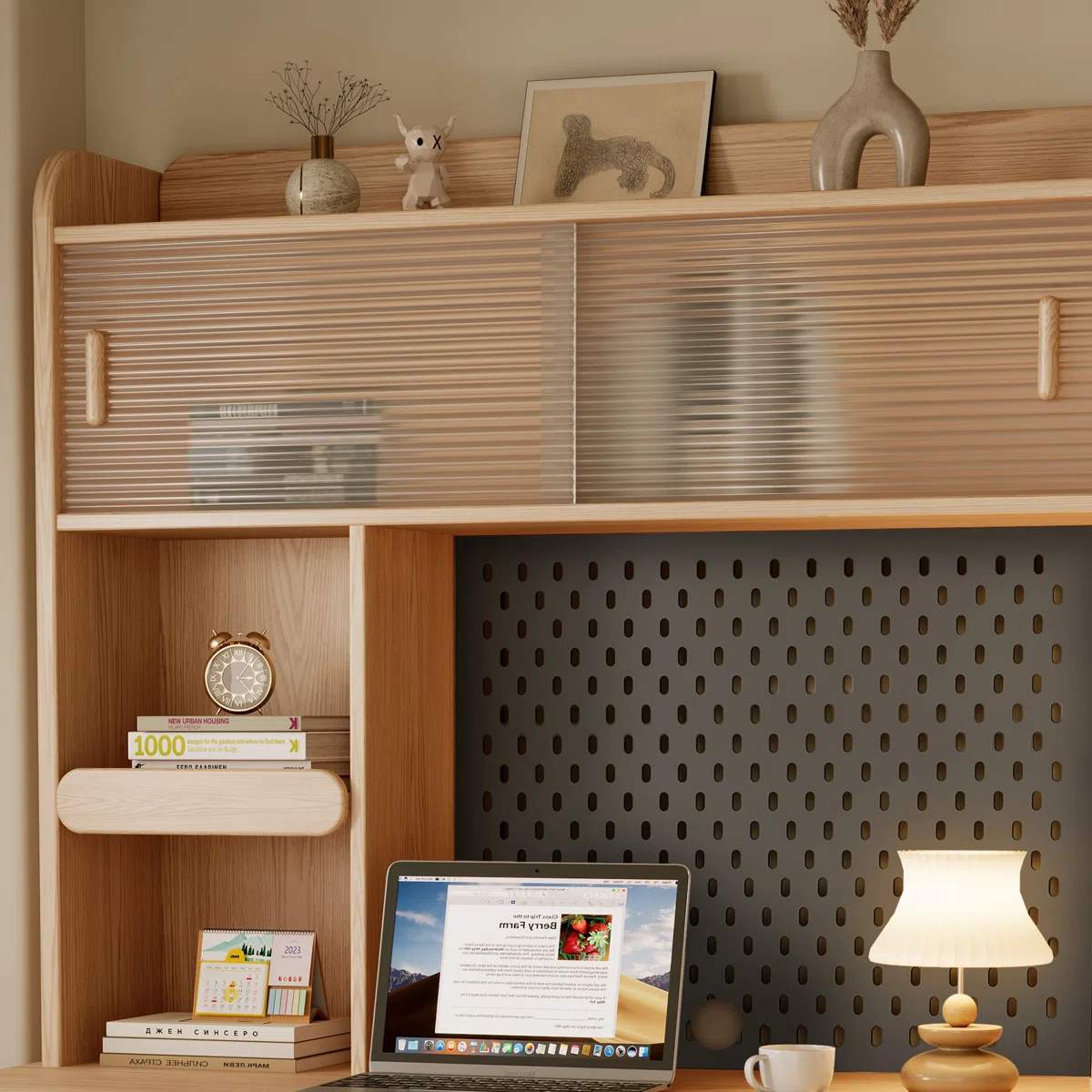 Kids Desk with Pegboard & Cabinet Storage